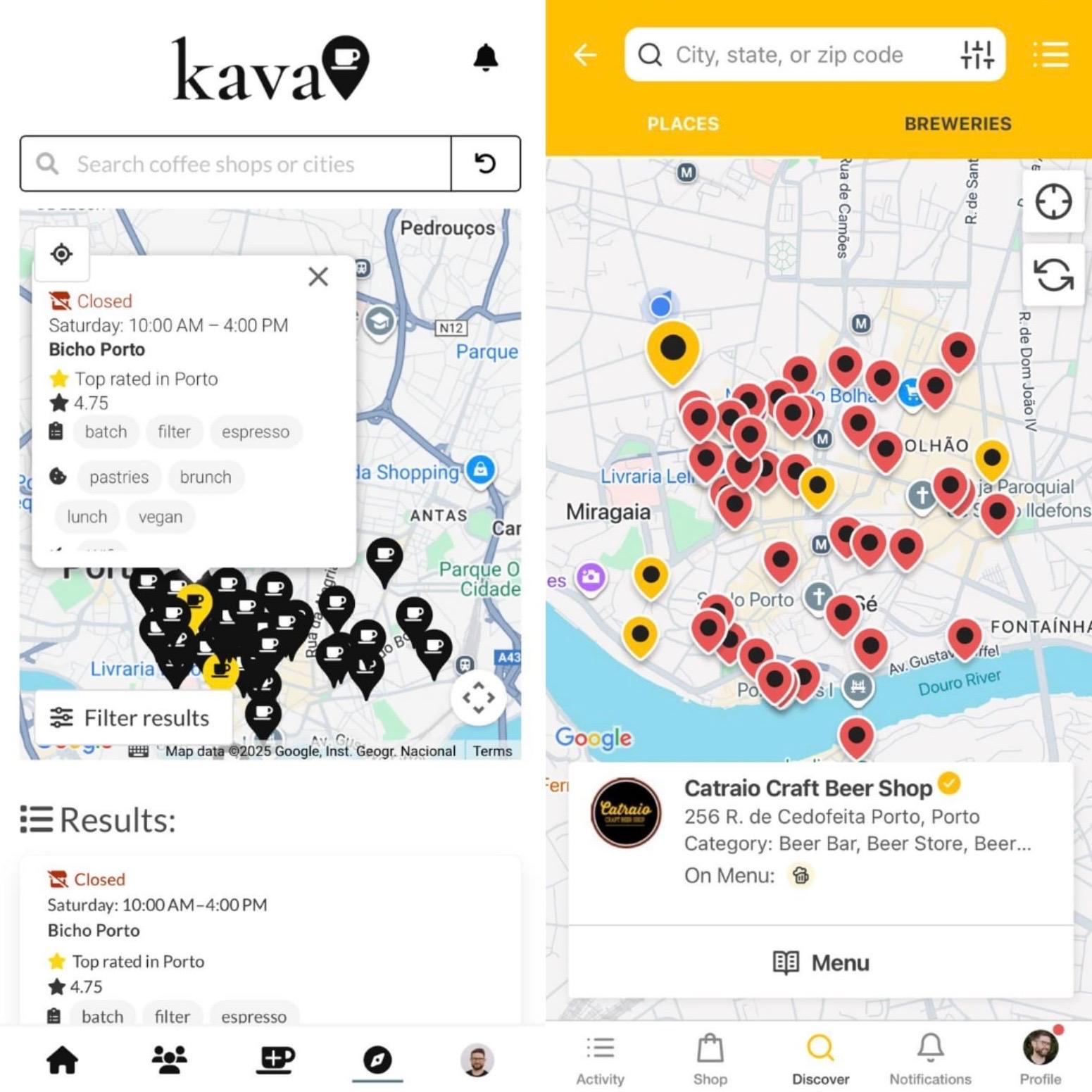 A comparison between the map screens on Kava and Untappd