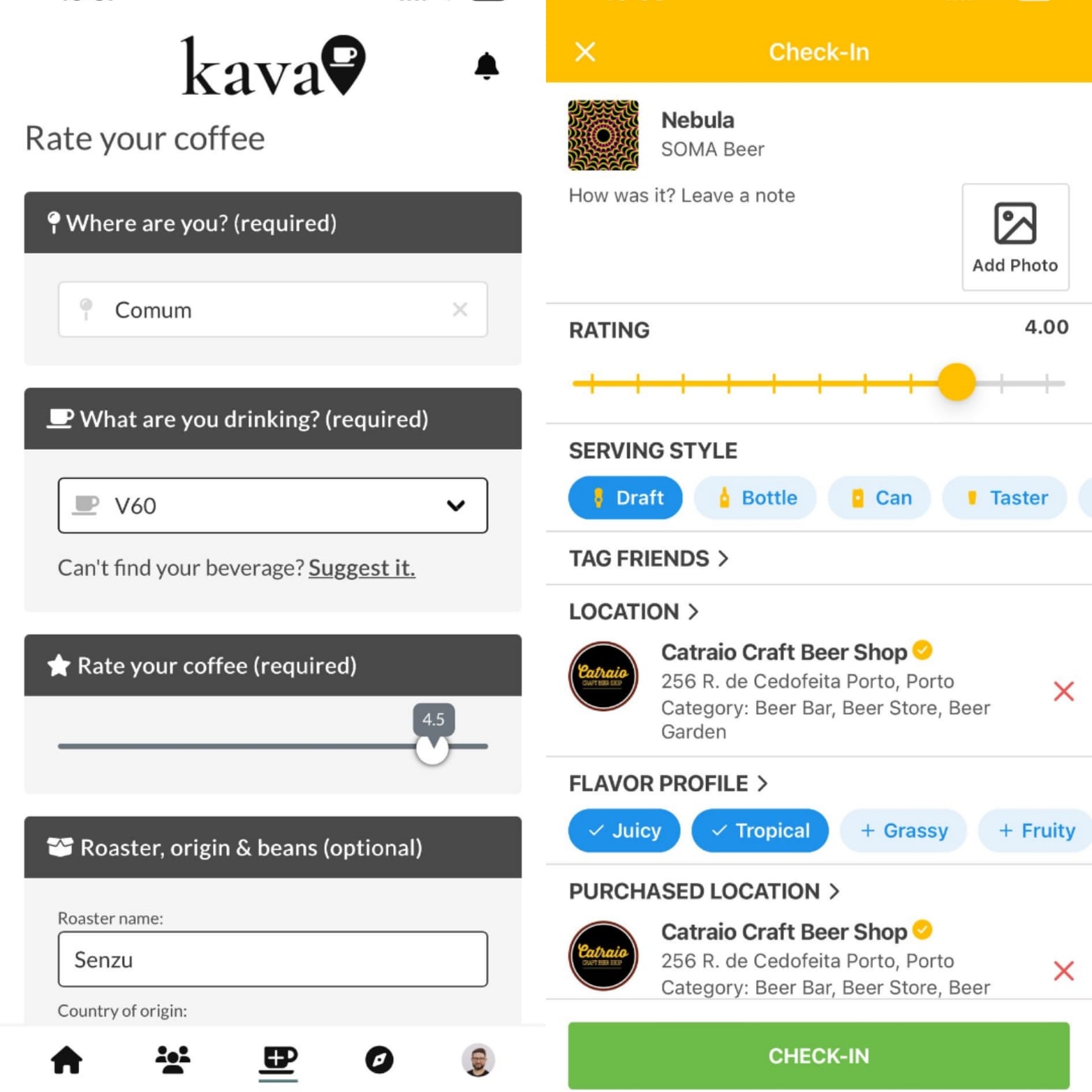 A comparison between the rating screens on Kava and Untappd